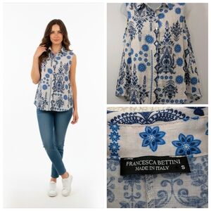 Italy Vintage Francesca Bettini Top Small Retro Print Linen Y2K Revival 19" P-P